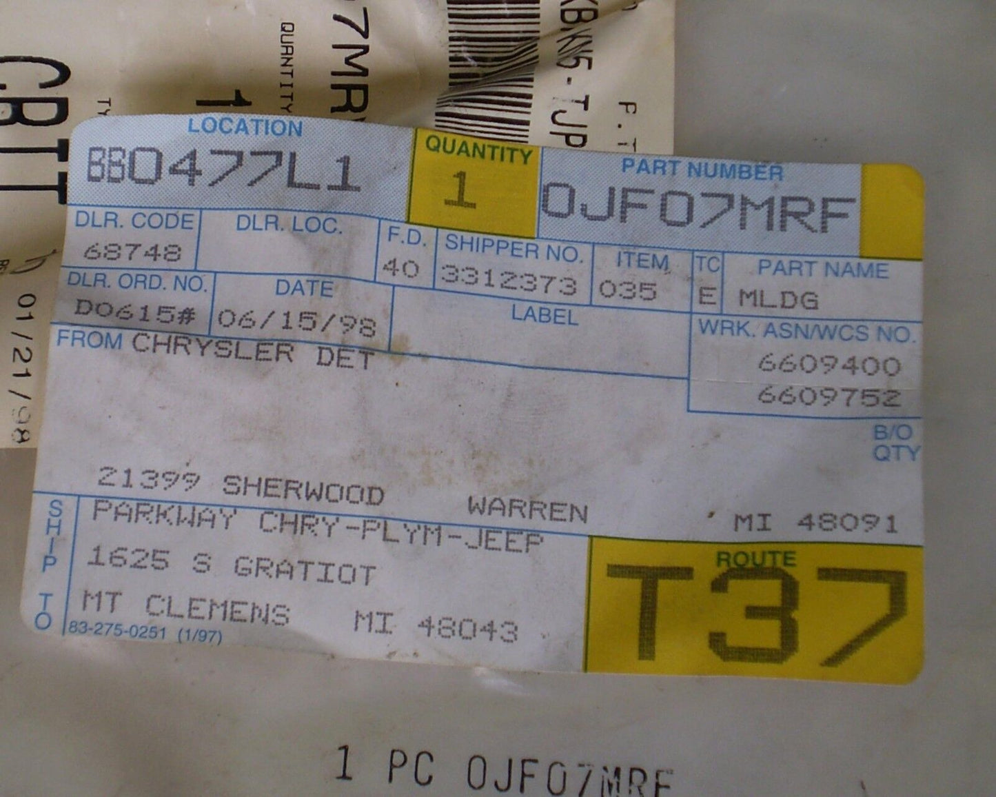 1989 1995 Caravan Voyager Town & Country Front Fender Molding Trim OEM-NEW-NOS