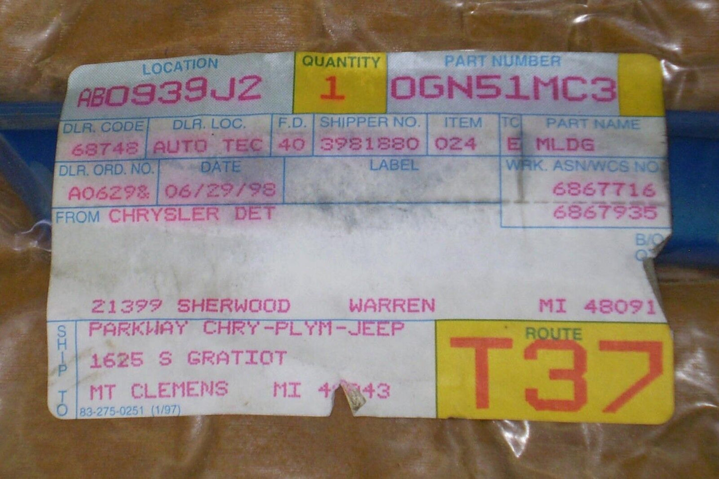 1987 1994 Dodge Shadow Plymouth Sundance Front Fender Molding Trim OEM-NEW-NOS