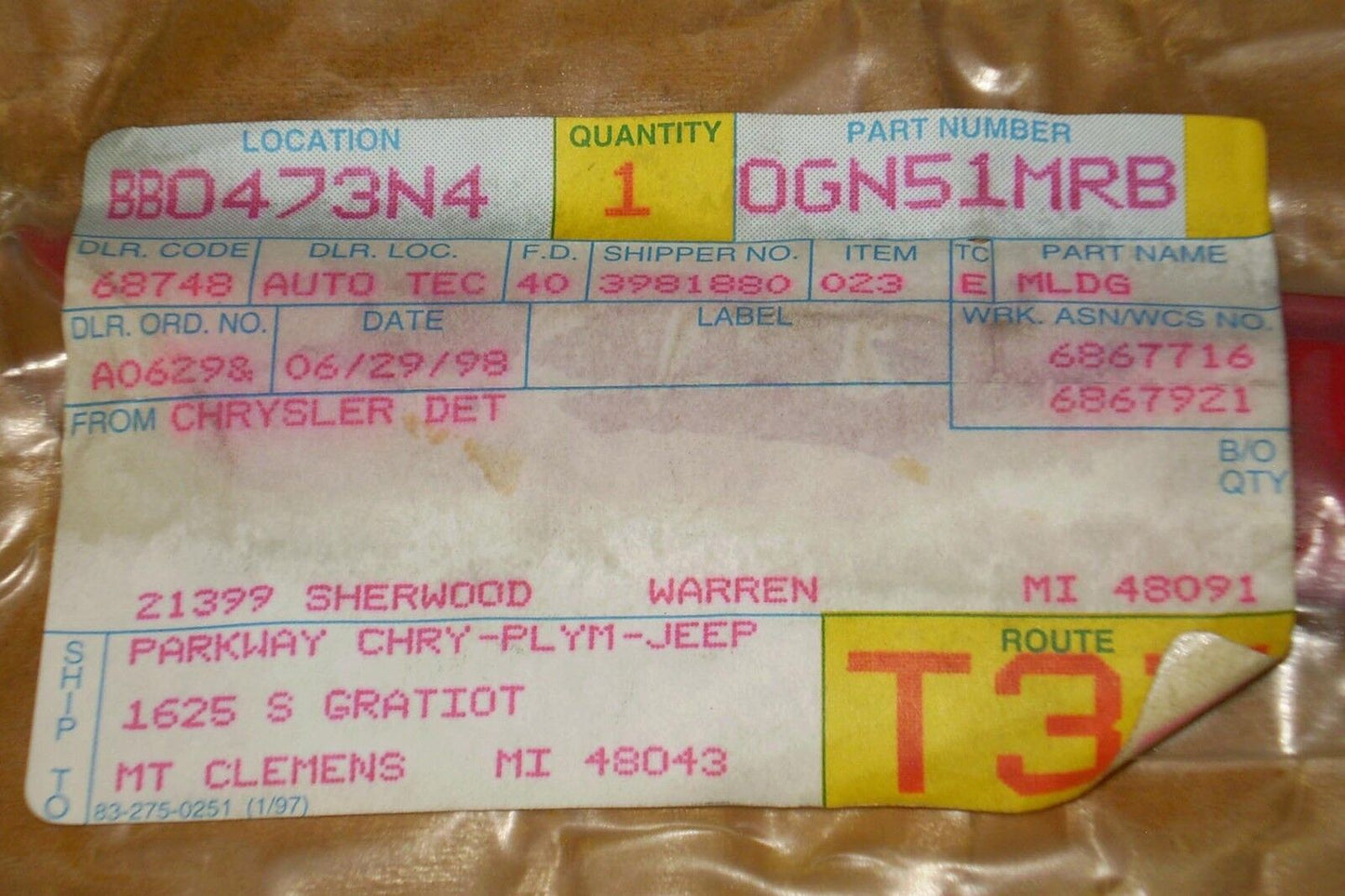 1987 1994 Dodge Shadow Plymouth Sundance Front Fender Molding Trim OEM-NEW-NOS