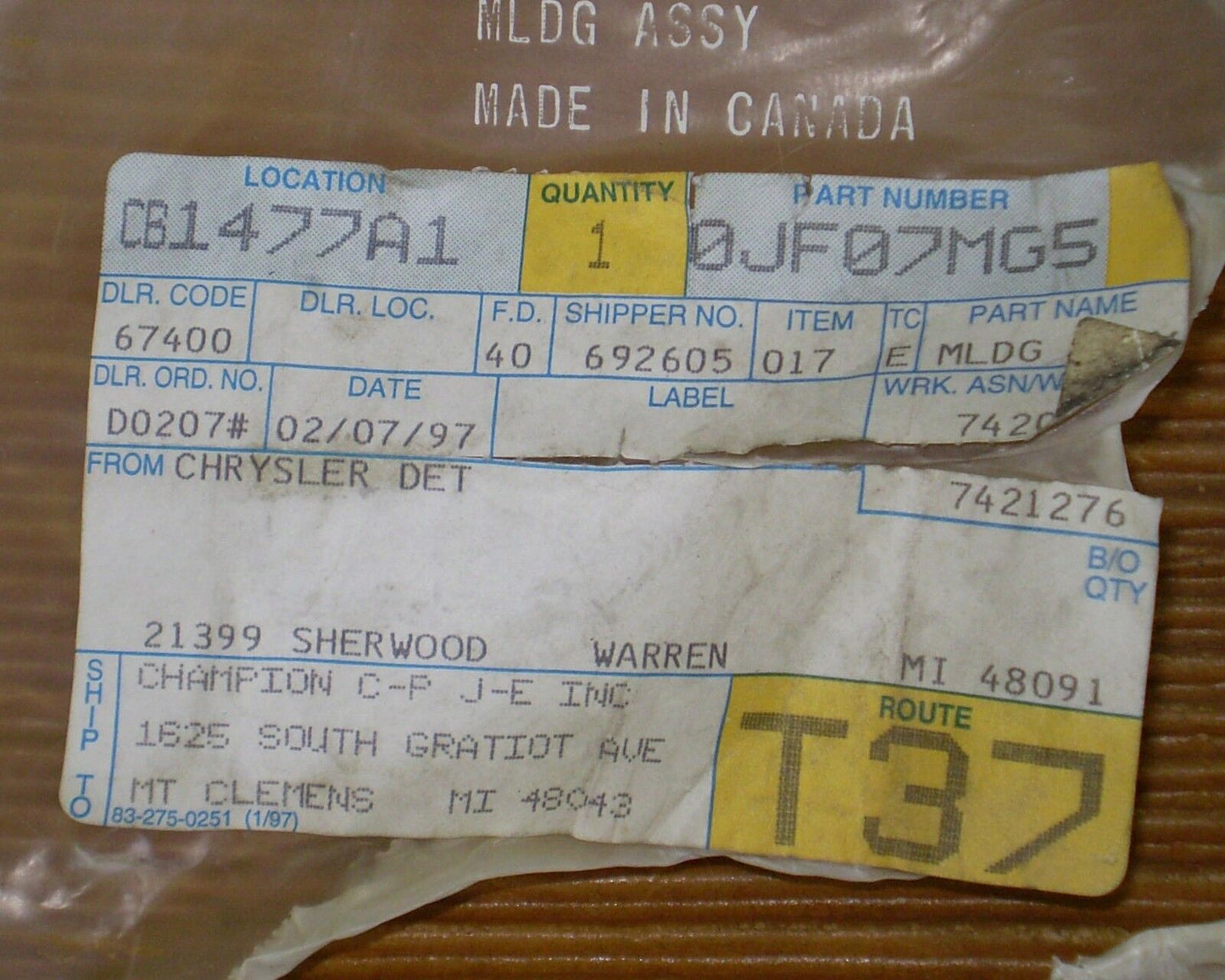 1989 1995 Caravan Voyager Town & Country Front Fender Molding Trim OEM NEW NOS