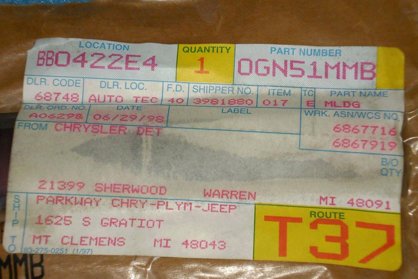 1987 1994 Dodge Shadow Plymouth Sundance Front Fender Molding Trim OEM-NEW-NOS