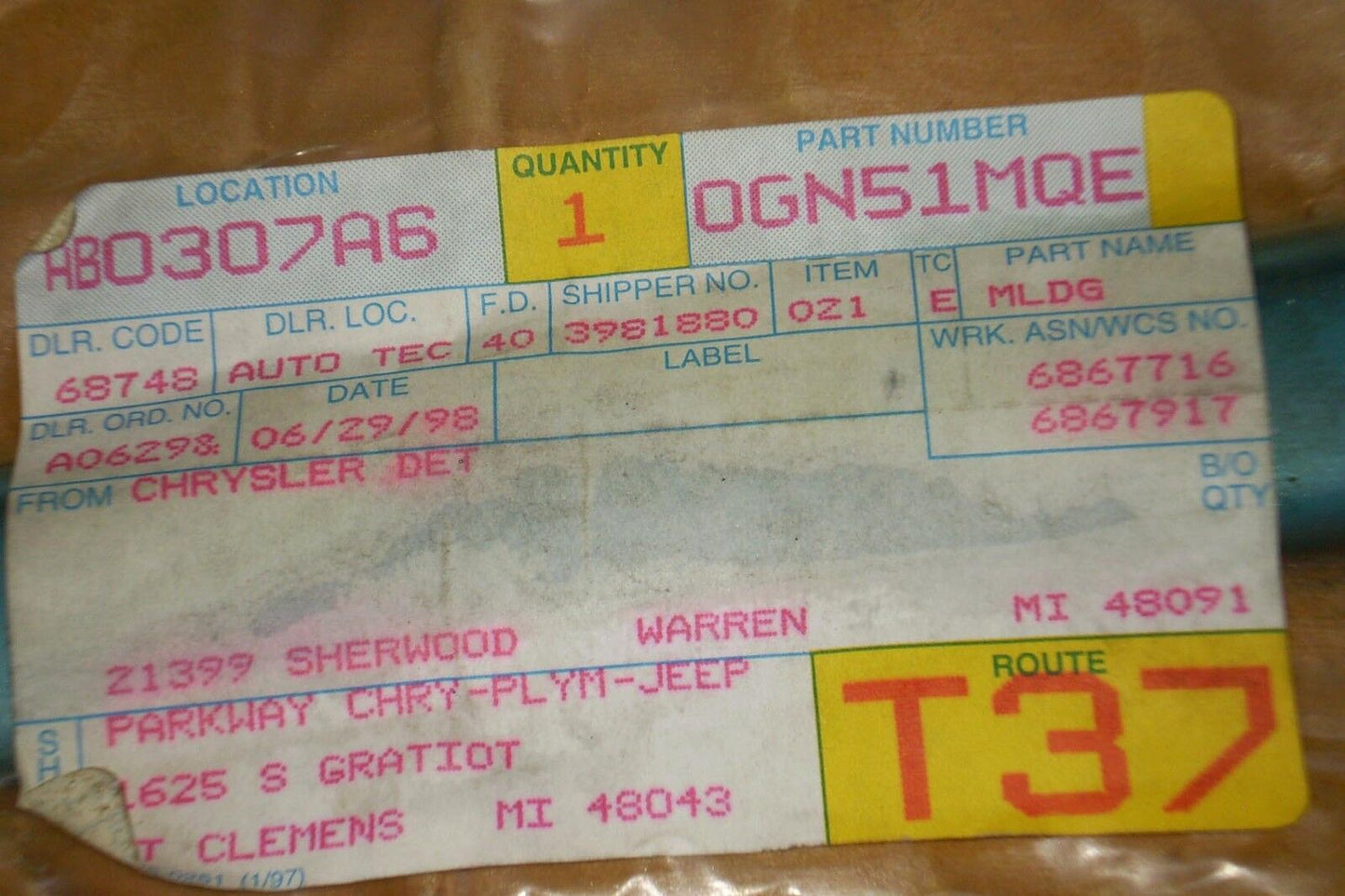 1987 1994 Dodge Shadow Plymouth Sundance Front Fender Molding Trim OEM-NEW-NOS