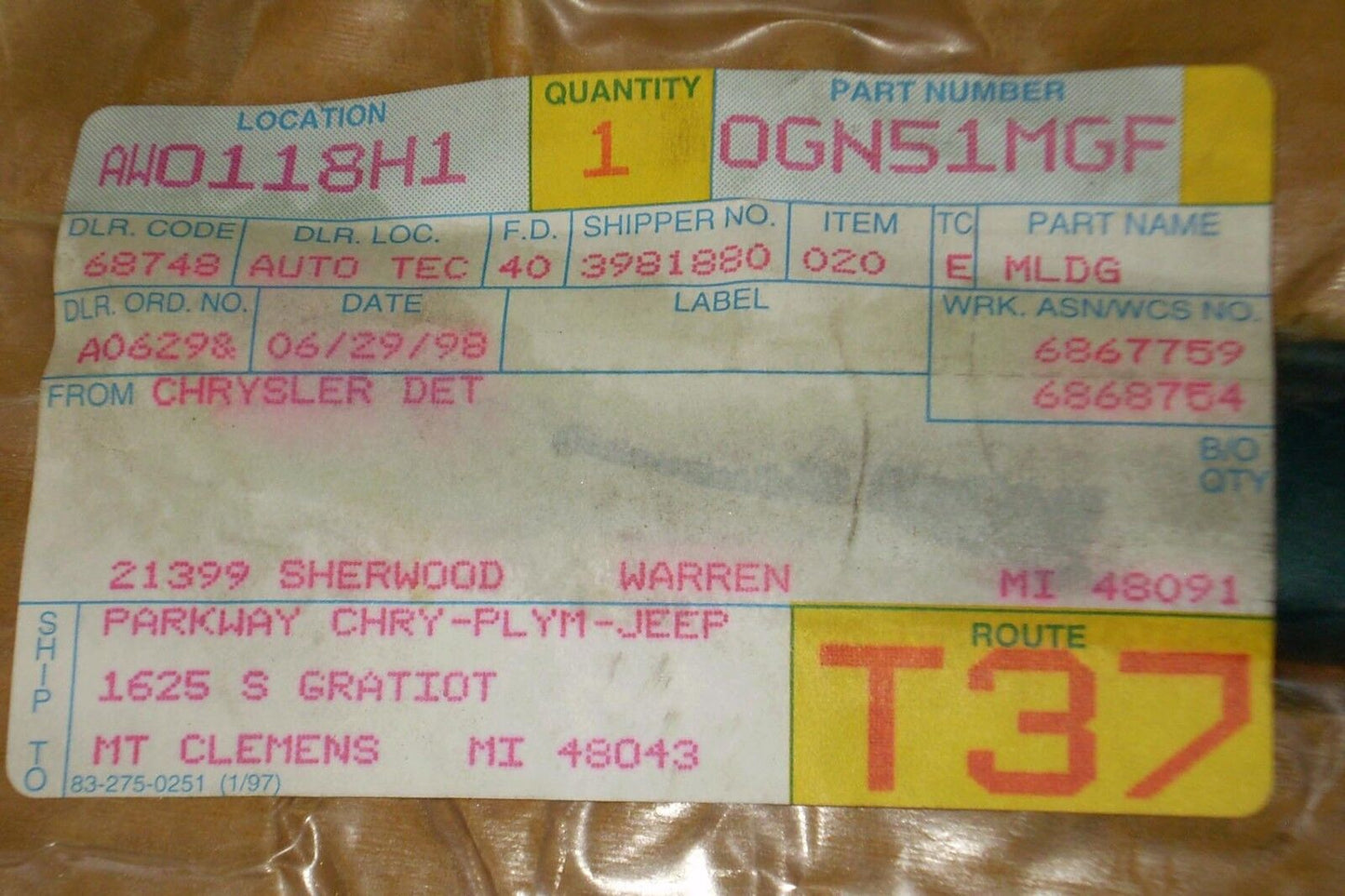 1987 1994 Dodge Shadow Plymouth Sundance Front Fender Molding Trim OEM-NEW-NOS