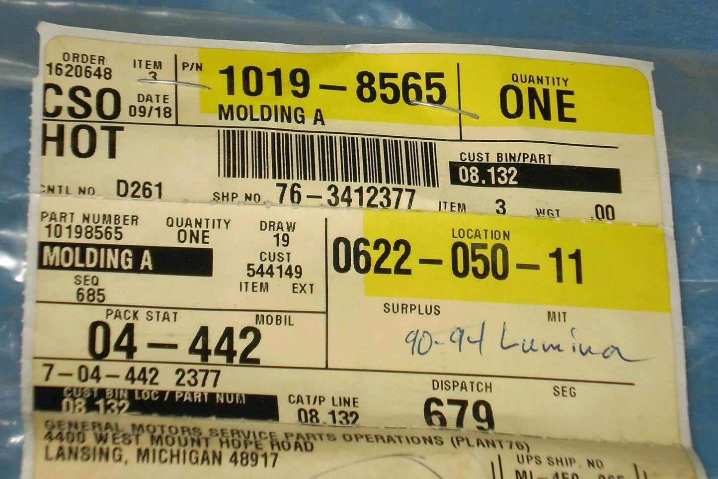 1990 1994 Chevrolet Lumina Front Fender Molding Trim OEM-NEW-NOS GM#10198565