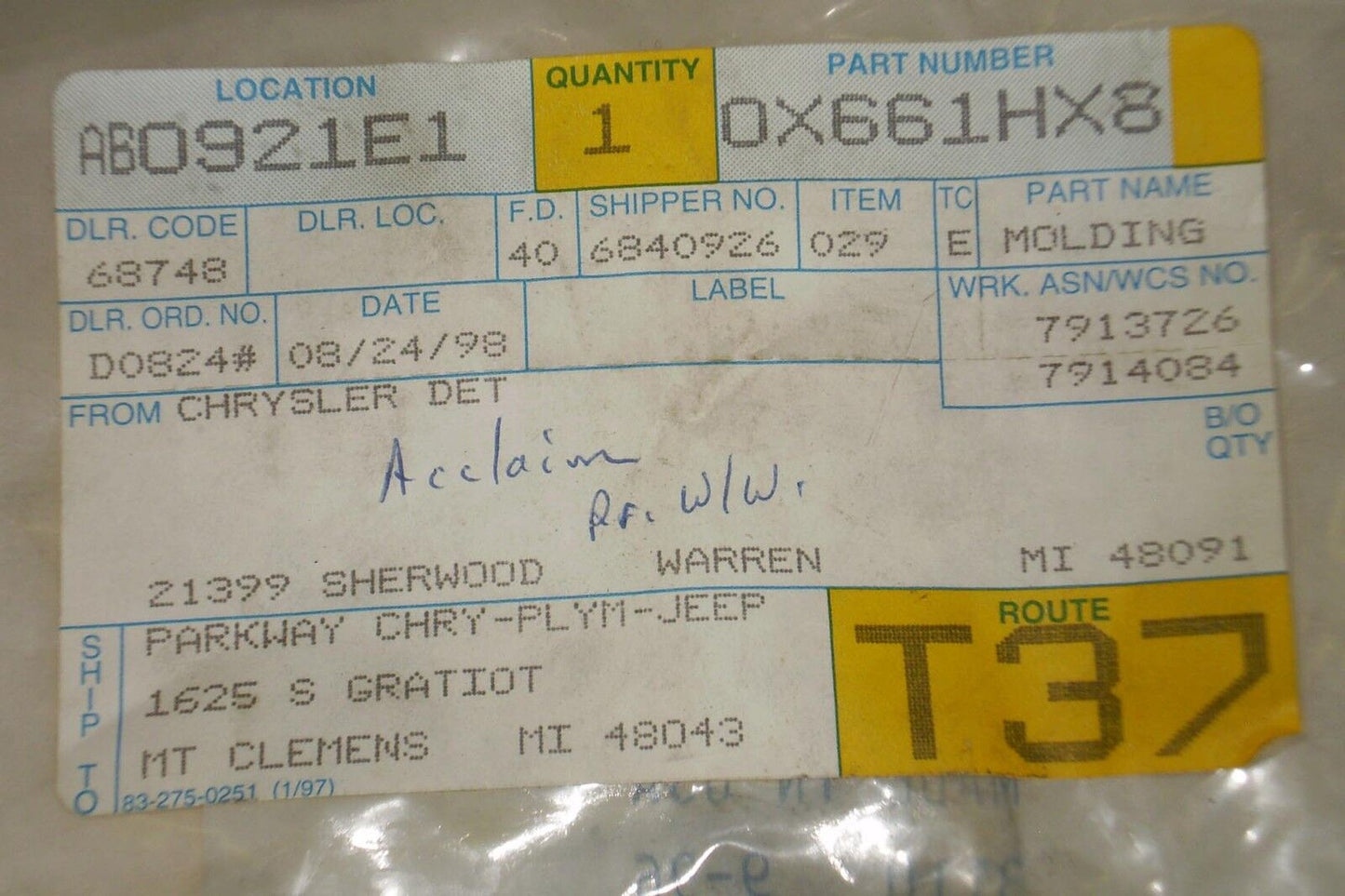1989 1995 Spirit Acclaim Le Baron Left Front Fender Molding Trim OEM-NEW-NOS
