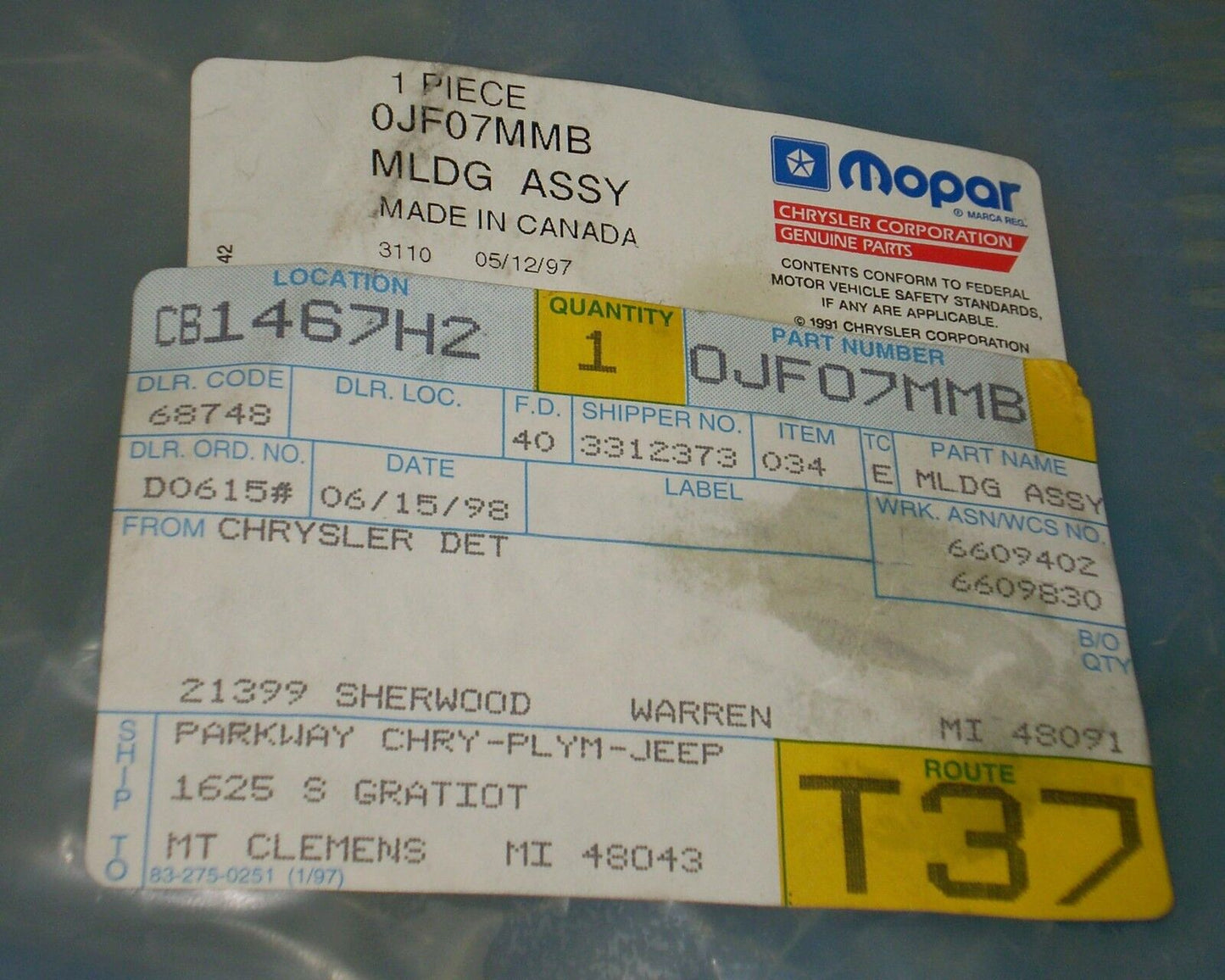 1989-1995 Caravan/ Voyager/Town & Country Front Fender Molding/Trim, OEM-NEW-NOS